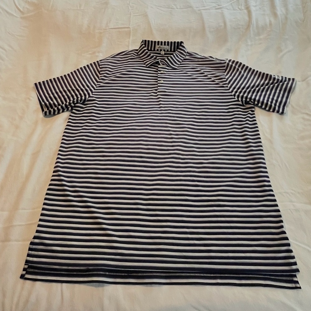 Men’s Peter Millar Navy White Purple Striped Golf / Fishing Polo Size XL EUC
